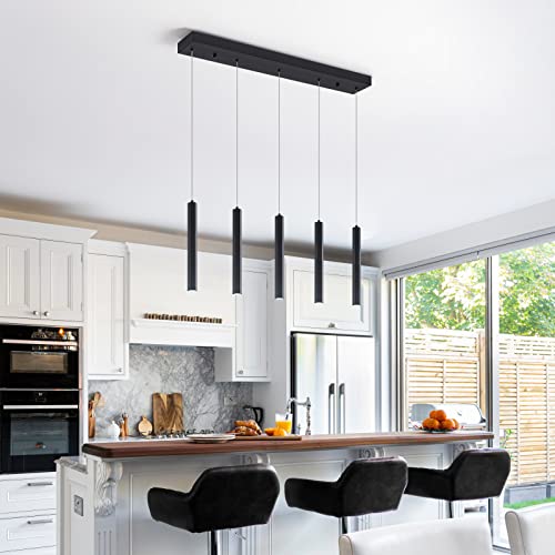 Voerqi Modern Pendant Lighting 5-Light Linear Chandeliers Dimmable Led Pendant Lights Kitchen Island Lighting With Matte Black Finish And Acrylic Shades For Kitchen Island And Dining Room #TOP1