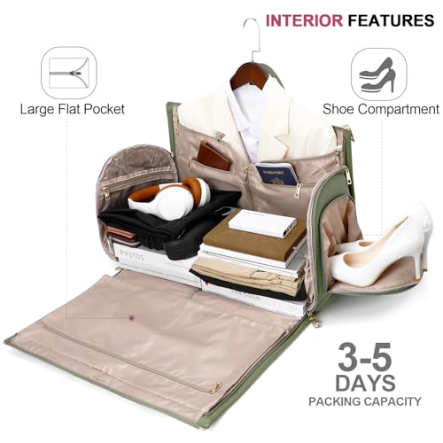 Modoker Rolling Garment Bags with Wheels, Women Garment Duffel Bag for Travel, PU Leather Convertible Garment Bag with Trollery Suit Luggage Bag (Green)4