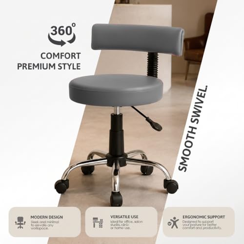 Image of DIYA Seating Chrome Rolling Study Flex Stool (1 Year Warranty) - Grey | Lift & Swivel Adjustable Height Salon Flex Stool w / Foot Rest, Compact Seating for Home Office Shop Study Use -(44 inchx47 inchx83 inch)