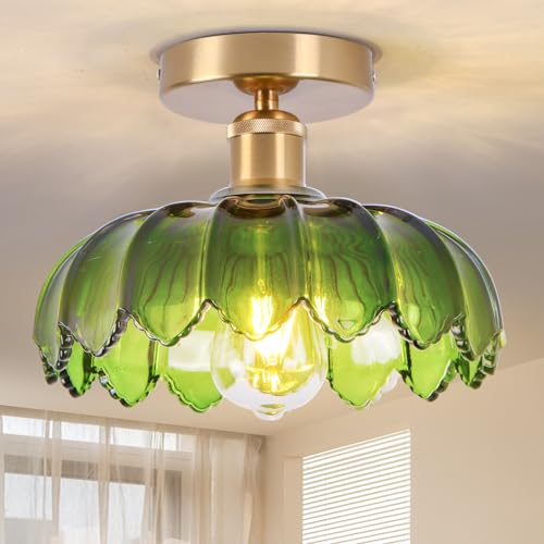 Dellemade Chandelier, Flush Mount Ceiling Light, Green Glass Shade Light