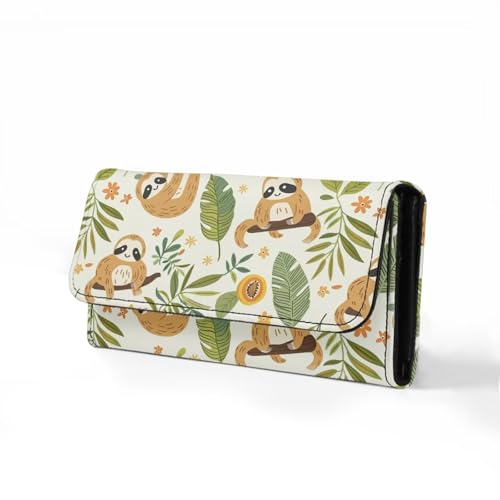 Image of AFPANQZ Womens Leather Wallets Sloth Monstera Large Capacity Card Holder Zipper Travel Purse, Phone Holder Coin Zip Pocket Multi Cards