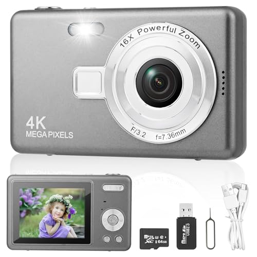 Appareil Photo Numérique, Appareil Photo Compact HD 1080P avec Carte de 64 Go, 40MP Appareil Photo 8X Zoom Numérique Rechargeable Appareil Photo Numérique pour Enfants, Débutants (Gris foncé)