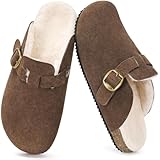 Women's Men's Cork Clogs with Arch Support Fur Lined Suede Leather Clog with Adjustable Buckle Fuzzy Slippers Coffee 12 Women/11 Men