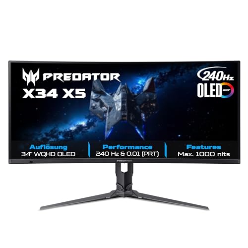 acer Predator X34 X5 Gaming Monitor 34 Inch (86 cm Screen) UWQHD, QD-OLED, 240Hz, 0.01ms (PRT)/0.03ms (GTG), DP 1.4, 2xHDMI 2.1, Type-C 90W, USB HUB, Curved, Height-Adjustable, FreeSync Premium Pro