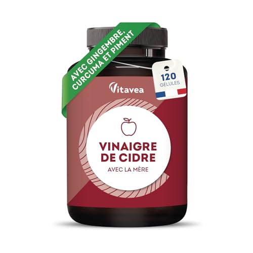 Vinaigre de Cidre Gélules 1500 mg avec la Mère - Complexe avec Piment, Gingembre et Curcuma - 120 Gélules Vegan - Fabriqué en France - Vitavea