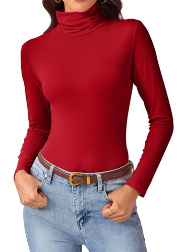 Womens Turtleneck Long Sleeve Tops - Slim Fit Stretch Shirts Thermal Turtle Neck Tees for Work Casual & Travel Outfits 2025 Red XX-Large