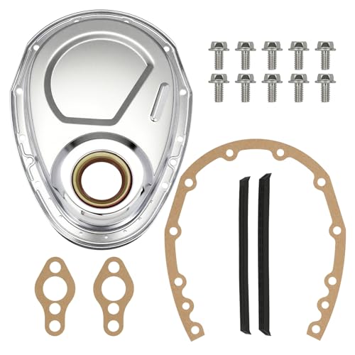 Timing Chain Cover Kit with Gasket Seal Bolts Set Chrome Plated Steel Compatible with Chevy SBC 283 305 327 350 383 400 Engines