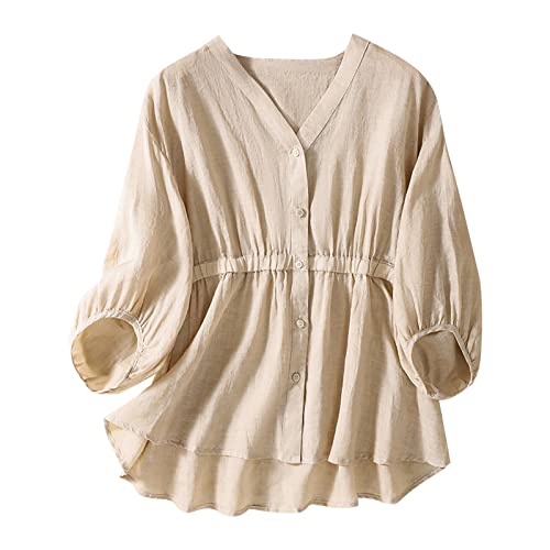 V Neck Linen Tshirts for Women Summer Fall 3/4 Dolman Sleeve Relaxed Fit Long Basic Tee Shirt Tops Women 2025 FN