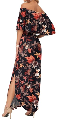 Image of AUSELILY Womens Off Shoulder Ruffle Split Summer Maxi Dresses with Pockets | Off-shoulder Ruffle dress with empire waist & side split for summer beach and casual parties