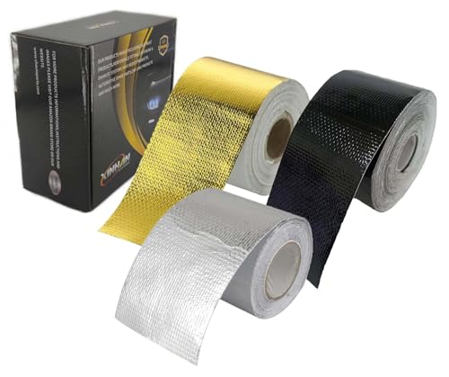 Image of Xinhan (Gold,Silver,Black) Aluminum Foil Heat Shielding Tape High Temperature Heat Reflective Adhesive Backed Tape Compatible with Car Intake Pipe Engine Bay Hoses Wires Etc (Black, 2in x 15ft)