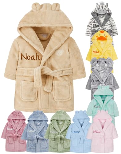 Gembroidery Personalised Baby Bathrobe Hooded Fleece Dressing Gown Super Soft Gifts Robe For Boys Girls Cute Teddy Ears (18-24 Beige)