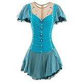JRUIA Mädchen EIS Rollschuh Wettkampf Tanz Kostüm Kurzarm Eiskunstlauf Anzug Modischer Mesh Rock Gymnastik Skating Kleidung Mit Strass,Blau,L