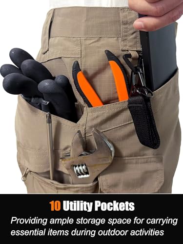 Men's Cargo Work Hiking Tactical Pants,10-Pocket,with Carabiner,Water Resistant,Lightweight Ripstop Outdoor Pants3