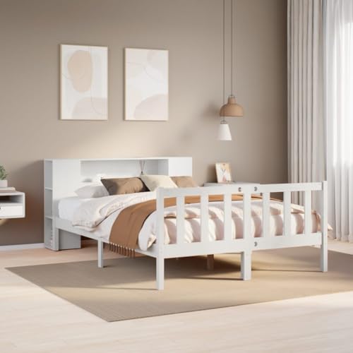 Homgoday Cama con estantería sin colchón Madera Maciza Blanca 140x200 cm Cama Doble/Cama de Invitados, Cama con Estante y somier de láminas, sin colchón