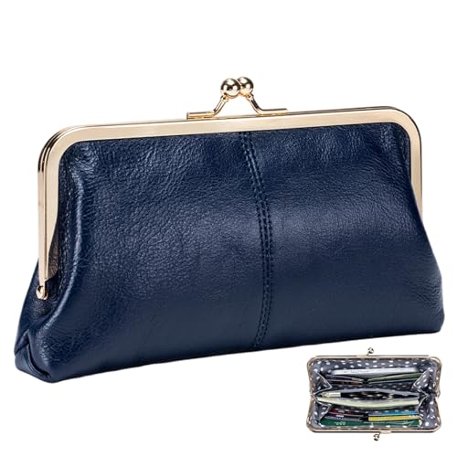 1PC Kiss Lock Wallet for Women, Leather Vintage Wallet with Zipper Coin Pocket, Multi-card Slots Card Holder, Dark Blue.