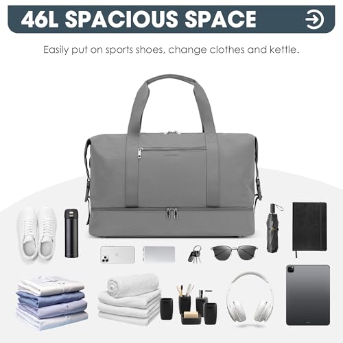 Image of Oeihuivt Weekender Bags for Women - 21 Inch Large Travel Duffel Bag with Shoe Compartment, Heavy-Duty Canvas Leather Carry On Overnight Tote, Gray-1A, 21, Weekend Trip