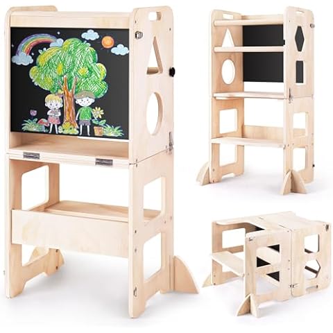 Woodure 4-in-1 Toddler Kitchen Step Stool, Foldable Learning Standing Tower with Blackboard, Wooden Kitchen Stool Helper for Kids, 1-3 Year Old Boy Girl Gifts Cover