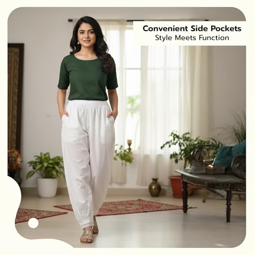 Image of Happy Bunny Women's Cotton Afghani Salwar with Lace Embroidery Detailing - Elastic Waist, Comfortable Loose Fit Bottoms for Casual, Ethnic
