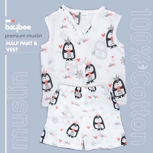 Image of BAYBEE 100% Muslin Cotton New Born Baby Clothes for Kids | Sleeveless Summer Wear with Soft & Breathable | Shirt and Shorts Set | Jablas for Baby Girl Boy Dress