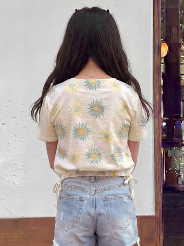 Image of Li'l Tomatoes Girls 100% Cotton Printed Top | Half Sleeve Casual Summer Top for Girls | Soft & Breathable Everyday Wear | Floral Sunflower Print | 9-16 Years