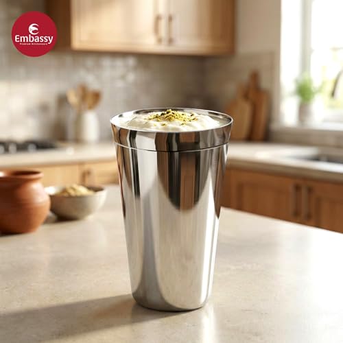 Image of EMBASSY Stainless Steel Plain Lassi Glass | Pack of 6 | 700 ml per Glass | Ideal Glass for Lassi, Smoothies, Juices, Shakes, Water, Milk and Other Beverages.