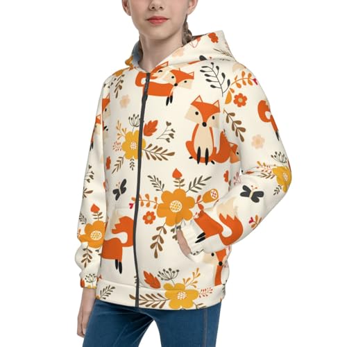 Flower Fox Kid Hoodies Boys Zip Up Sweatshirts Girls Pullover with Pocket