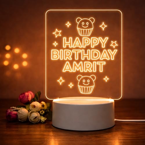 Image of Customized 3D Lamp for Birthday - Personalized LED Night Light with Names | Unique Gift for Husband, Wife Friends| Gifts Custom Decor for Happy Birthday Special (Everyone) (Happy Birthday Amrit)