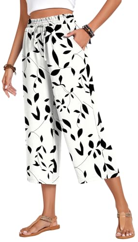 Image of Anyhold Women's Capri Pants Drawstring Casual Palazzo Trousers with Pockets Loose High Waisted Wide Leg Lounge Pants