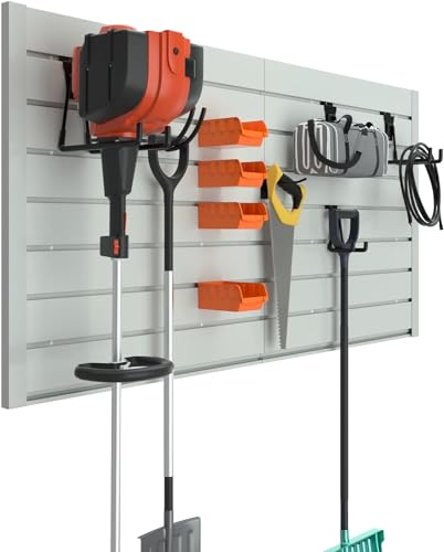 Slatwall Panel 122x61cm, Garage Wall Organiser Storage System, Heavy Duty Slat Board, PVC Tools Pegboard, Wall Mounted Storage Rack for Shop Garage Workshop Display