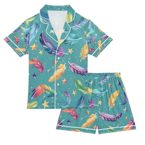senya Colorful Feather Star Satin Summer Pajama Sets Silk Short Sleeve Button Down Sleepwear