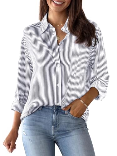 Image of siliteelon Striped Button Down Shirts Women Cotton Long Sleeve Work Blouses