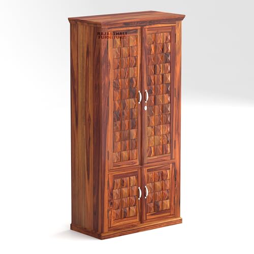 Image of Diamond Solid Sheesham Wood Wardrobe for Bedroom Modular Wooden Wardrobe Space Saving with 2 Door & 2 Drawer /Storage Rack Clothes Almirah Cupboard for Bedroom (Honey Finish)