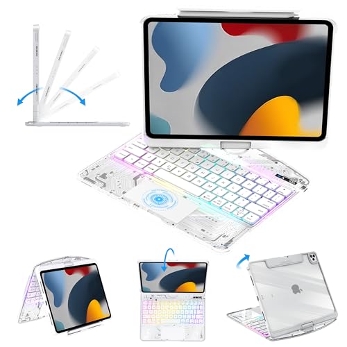 Image of Clear Keyboard Case for iPad 10.2 inch 9th /8th /7th (2021 /2020 /2019) 360 Swivel Multi-Touch Trackpad,with Wireless Bluetooth 3-Brightness &7-Color Backlit, Pencil Holder White