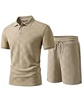 JMIERR Jogginganzug Herren Set 2-Teiliger Sommer Trainingsanzug Casual Textured Poloshirt Herren mit Baggy Shorts Freizeitanzug Männer Sportanzug Tracksuit Sets,Khaki M