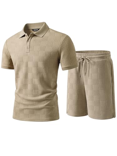 JMIERR Jogginganzug Herren Set 2-Teiliger Sommer Trainingsanzug Casual Textured Poloshirt Herren mit Baggy Shorts Freizeitanzug Männer Sportanzug Tracksuit Sets Khaki M