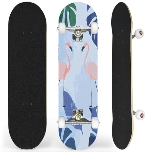 Complete Skateboard with Flamingo Silhouette Blue Squares Seamless Textured Flamingos Beginner Skateboard 7-Layer Maple Wood Double Kick Concave Skateboards for Kids, Adults, Teens 31