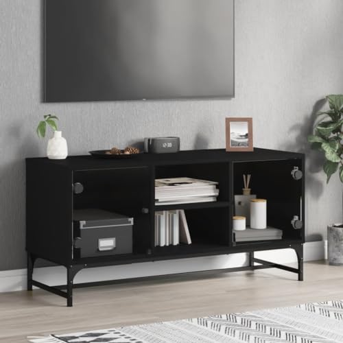 Natulvd Modern TV Stand for Televisions up to 40 Inch with 2 Glass Doors & Metal Legs, Gaming/Display Entertainment Center for Living Room 102x37x50 cm (Black)