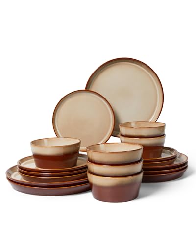 Image of Pokini Ceramic Plates and Bowls Sets for 6, 18pcs Dinnerware Sets, Dish Set