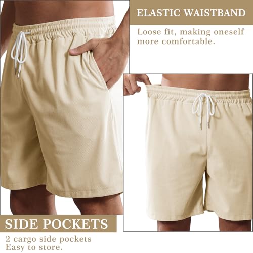 Image of Mens Corduroy Shorts Cotton Blend Lightweight Soft Summer Shorts Elastic Waist Beach Casual Short for Men with Pockets