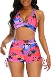 Womens High Waisted Swimsuits with Boy Shorts Brazilian Triangle Top Halter Bikini Sets Tummy Control Two Piece Bathing Suits Red Palm L