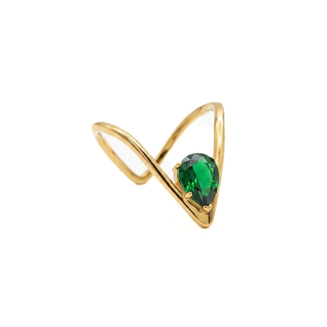 Gold V-Shaped Ring with Pear-Cut Emerald Green Stone, Modern Minimalist Style, Chevron Band-image-36