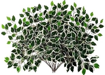 12 tallos ficus hojas de árbol de ficus, ramas artificiales, tallos verdes de seda, plantas para interiores y exteriores, decoración de pared de