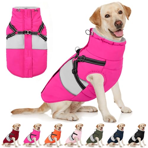 Image of AOFITEE Dog Coat, Large Dog Jacket, Dogs Coat with Harness Built in, Reflective Waterproof Dogs Jackets Winter with Furry Collar, Warm Polar Fleece Pet Sweater Snowsuit for Doberman, Great Dane, XXL