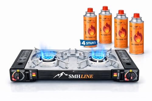 SMH LINE® Set di 2 fornelli a gas da campeggio, con 4 cartucce di gas da 227 g, per campeggio, fornello, per esterni, da tavolo, 2 fuochi GPL