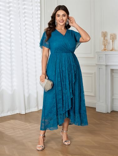 Image of SCOMCHIC Womens Plus Size Wedding Guest Dress Formal Lace Wrap V Neck High Low Short Sleeve Cocktail Maxi Dresses XL-4XL