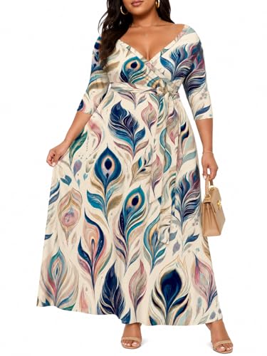 Image of SUZONANA Plus Size Maxi Dresses for Curcy Women Casual Loose 3 /4 Sleeve Long Dress with Belt