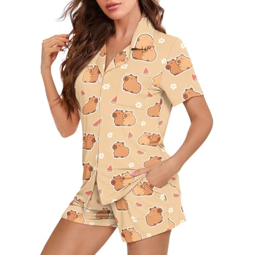 Image of Women's Short Sleeve Sleepwear Button 2 Piece Plus Size Pajamas Casual Soft Stretchy Funny Nightwear with Pockets