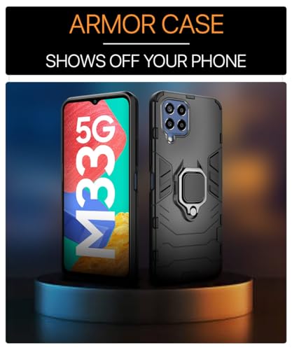 Image of WOW IMAGINE Shock Proof Back Case Mobile Cover for Samsung Galaxy M33 5G | Back Cover Case (Tough Armor | Hybrid PC + TPU | Ring Holder & in-Built Kickstand | Black)