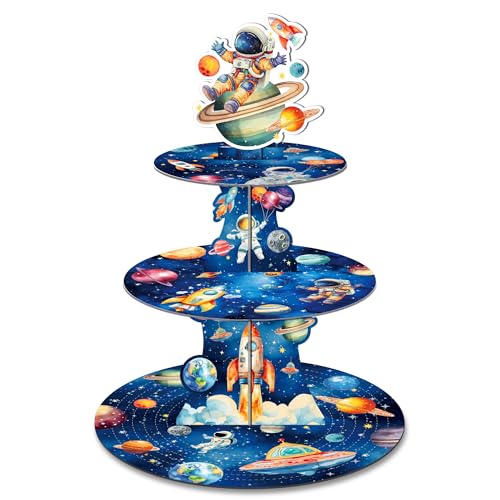 3 Tier Planet Rocket Cake Stand, Galaxy Theme Dessert Stand Tower for Birthday Picnic Graduation Party