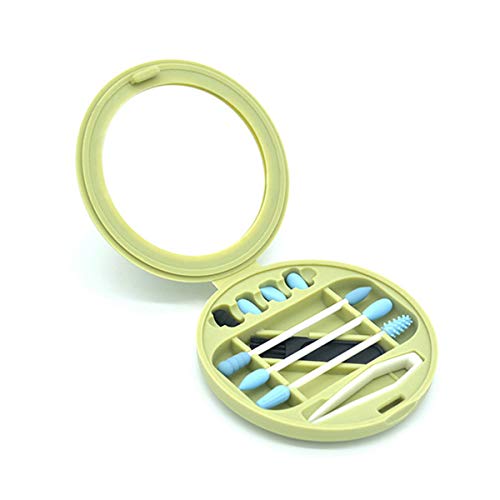 Reusable Ear Swab and Last Swab Washable Silicone Swabs Double Tipped Silicone Cotton Buds with Portable Makeup Mirror - Green